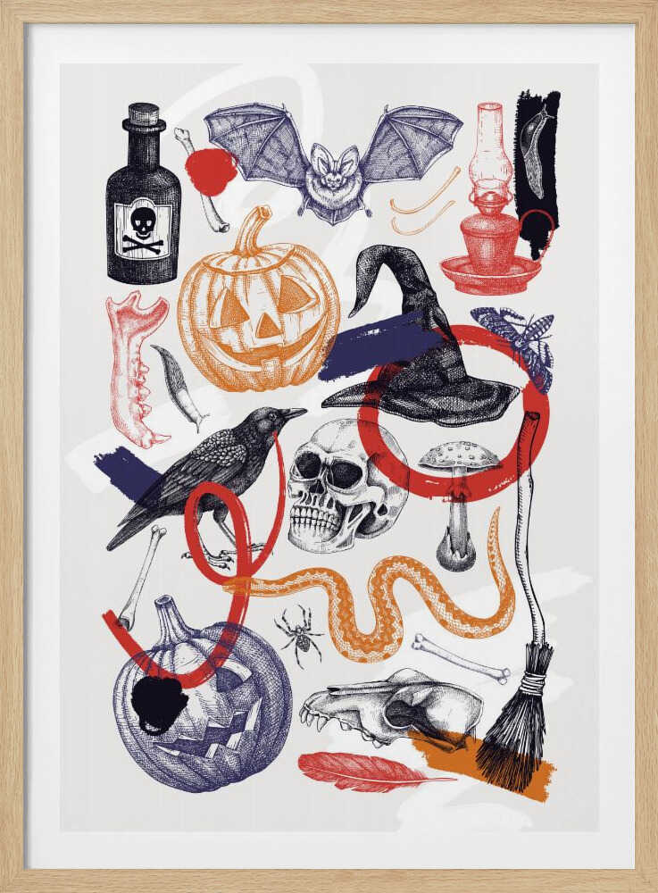 A vintage-style Halloween collage featuring hand-drawn illustrations of spooky elements. Included are jack-o'-lanterns, a witch's hat, a human skull, a crow, a bat, a poison bottle, bones, and a snake. The art uses a limited color palette of black, orange, red, and blue on a white background, with a sketch and cross-hatching style. Artwork