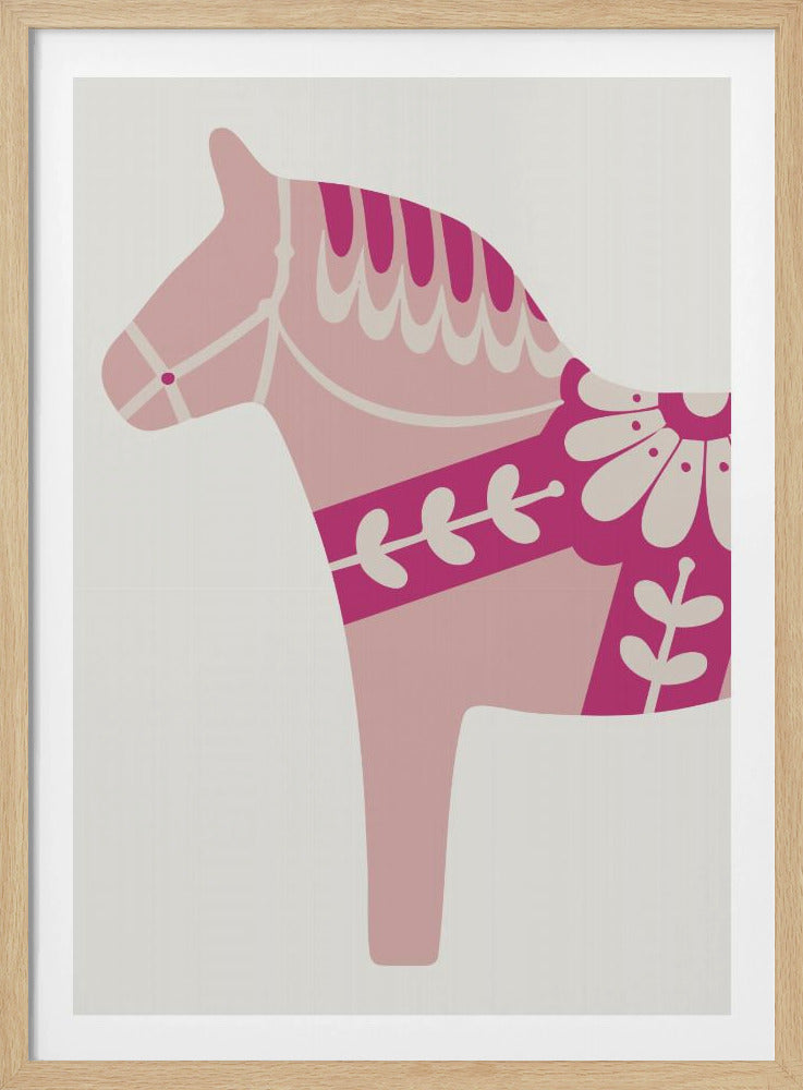 A framed art print featuring a stylized Scandinavian Dala horse in profile. The horse is various shades of pink and magenta with decorative off-white patterns on its mane, bridle, and saddle area, set against a light gray background. Decor