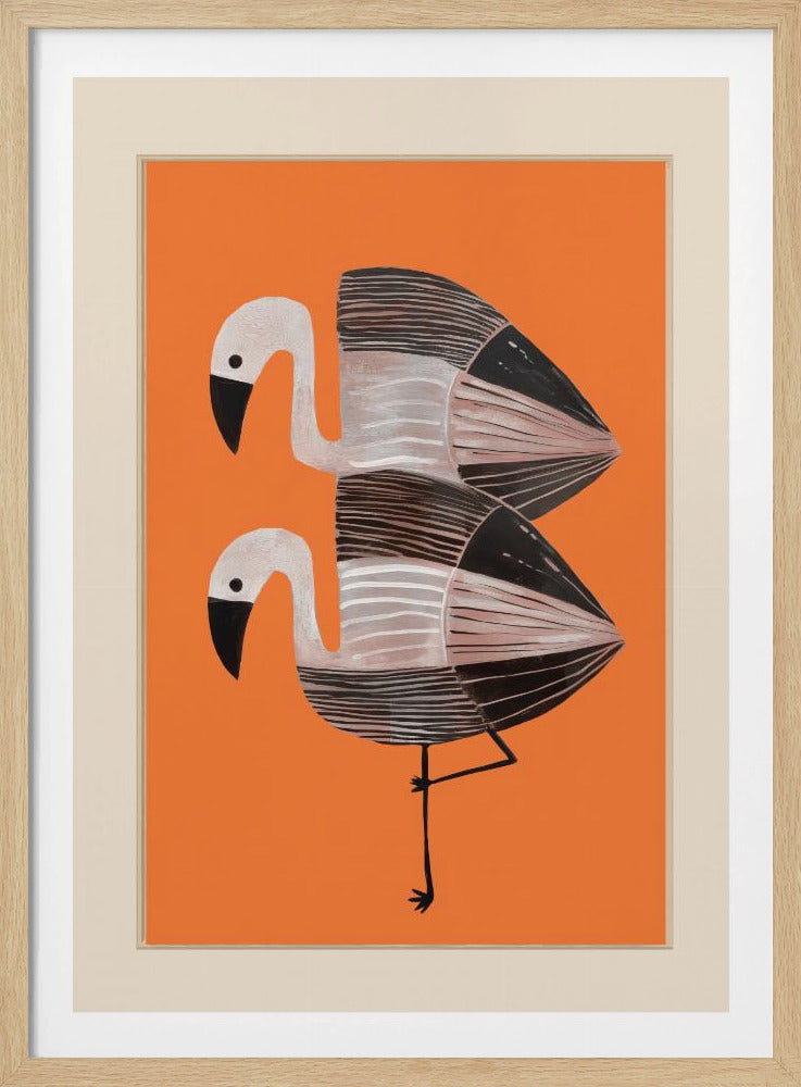 A framed art print of two stylized flamingos against a solid orange background. The birds are stacked vertically, with white heads, black beaks, and bodies featuring black, white, and grey stripes. The lower bird is standing on one leg. Wall Art