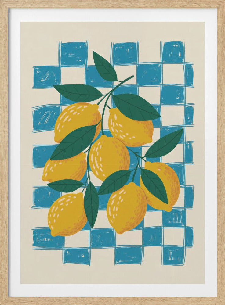 A vibrant illustration of a lemon branch laden with yellow lemons and green leaves, set against a loosely drawn blue and cream checkered background, enclosed in a thin black frame. Artwork