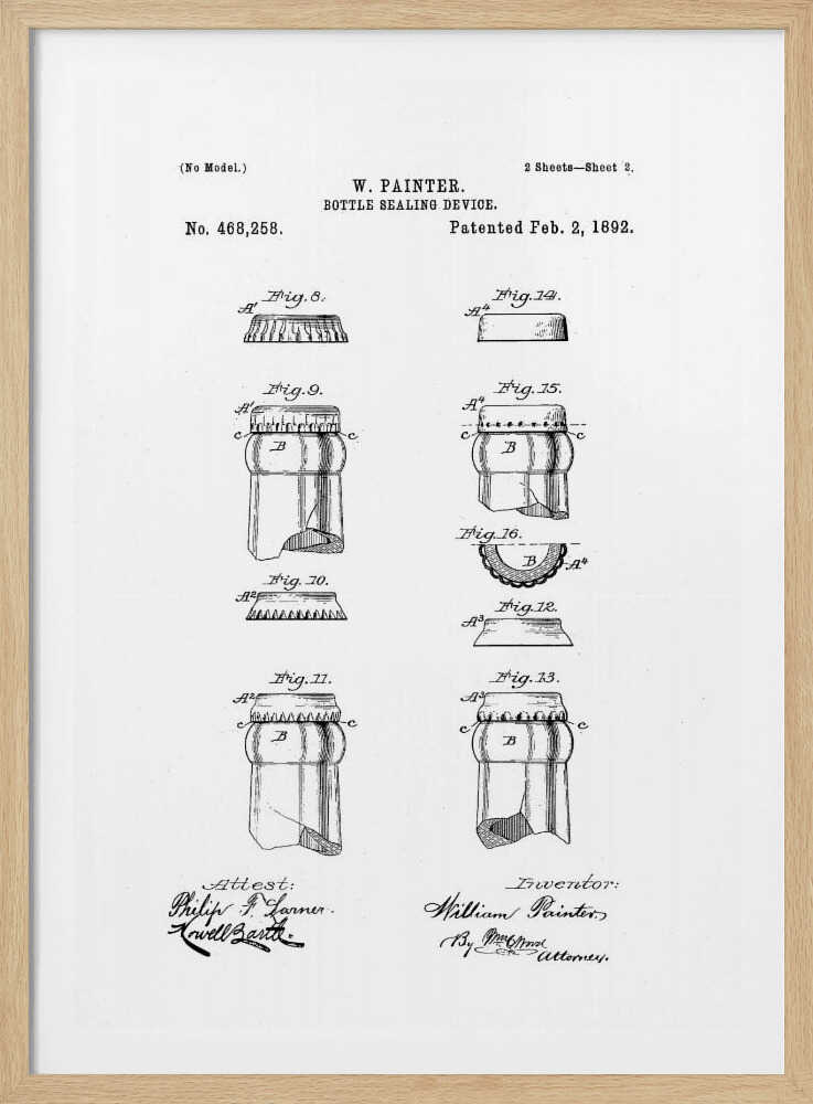 A framed black and white patent illustration for W. Painter's 'Bottle Sealing Device,' patented on February 2, 1892. The document displays various technical drawings (figures 8-16) of the bottle cap and the top of a bottle, along with signatures. Artwork