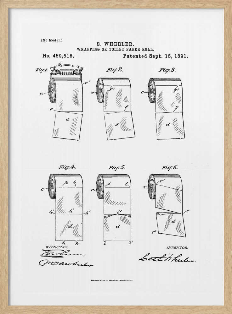 A framed black and white print of the 1891 U.S. patent for the wrapping or toilet paper roll by inventor S. Wheeler. The document features six technical illustrations of a perforated toilet paper roll, along with the patent number, date, and signatures. Poster