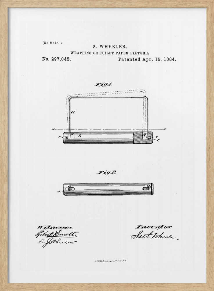 A framed black and white print of the 1884 patent for a 'Wrapping or Toilet Paper Fixture' by S. Wheeler. The document shows technical drawings (Fig. 1 and Fig. 2) of the invention, along with the patent number, date, and signatures of the inventor and witnesses. Artwork
