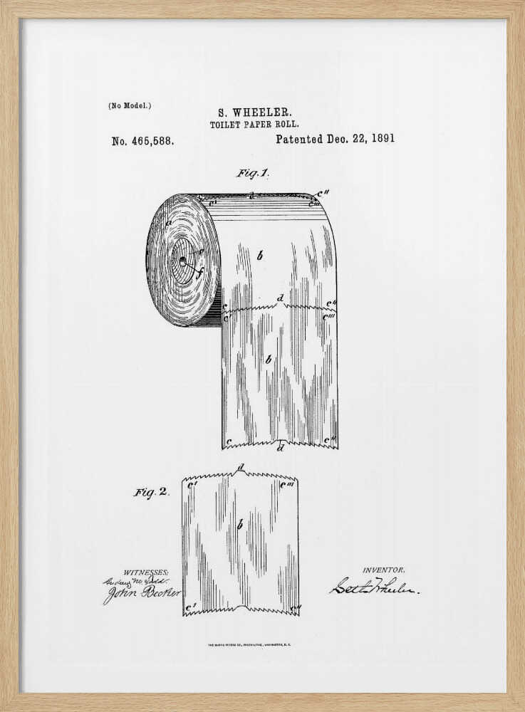 A framed black and white patent illustration for a toilet paper roll by S. Wheeler, dated December 22, 1891. The drawing includes two figures: Fig. 1 shows the full roll of paper, and Fig. 2 displays a single perforated sheet. The image has the characteristic look of a 19th-century patent document with technical drawings, labels, and signatures. Artwork