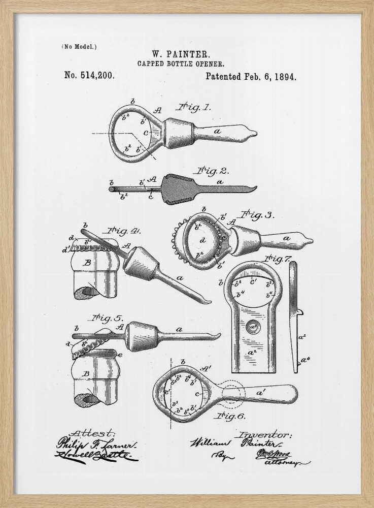 A framed black and white patent illustration for W. Painter's Capped Bottle Opener, dated February 6, 1894. The document shows multiple detailed figures of the invention from various angles and in use, with technical labels and signatures. Wall Art