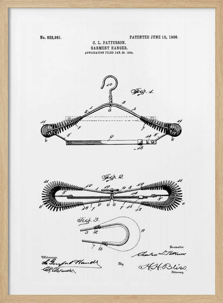 A framed black and white patent illustration for a garment hanger by C. L. Patterson, patented June 12, 1906. The drawing displays three figures detailing the hanger's mechanical design, with cursive signatures at the bottom. Wall Art