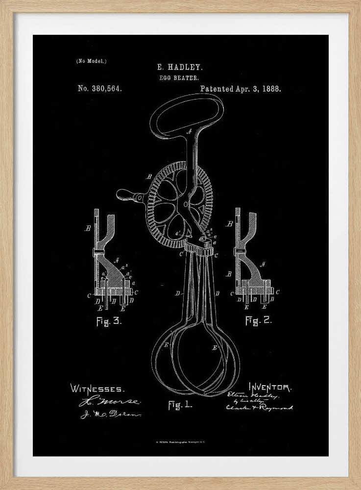 A framed vintage patent illustration for an egg beater, dated April 3, 1888. The design, by E. Hadley, is shown in white line art on a black background, detailing the mechanical parts including the handle, crank, gears, and whisks. Artwork