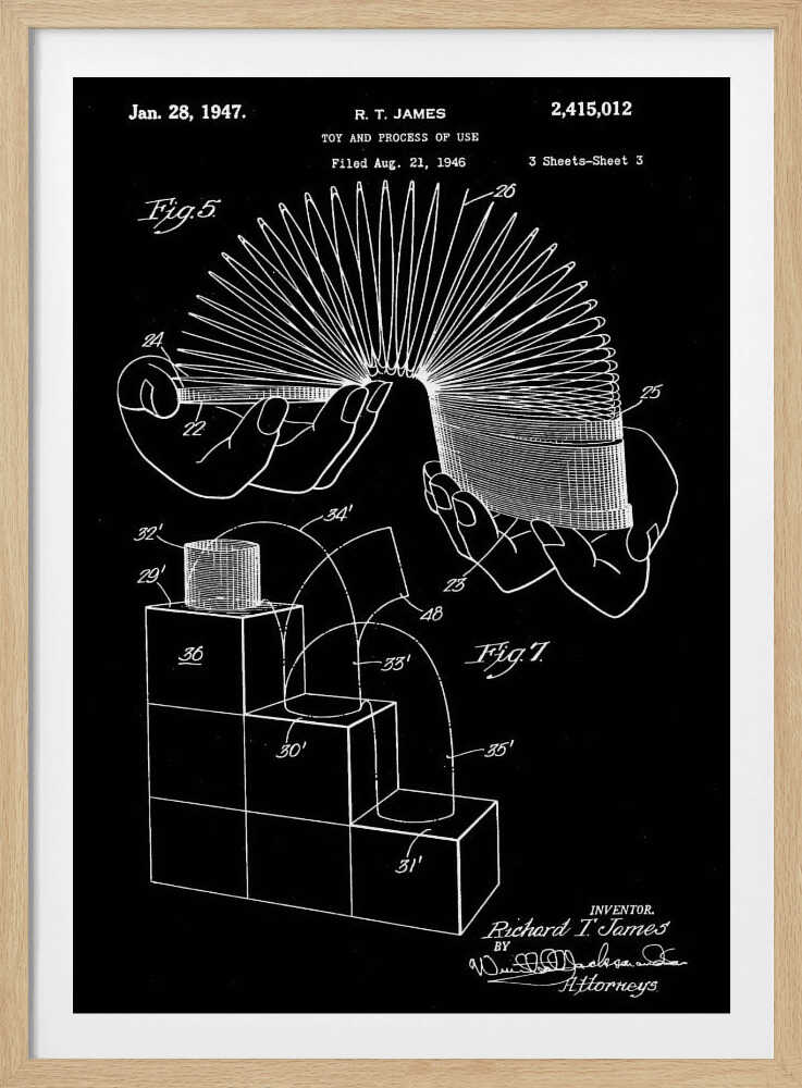 A framed black and white patent illustration for the Slinky toy, invented by R. T. James, dated January 28, 1947. The technical drawing shows hands holding the stretched coil and a diagram of the toy walking down stairs. Decor