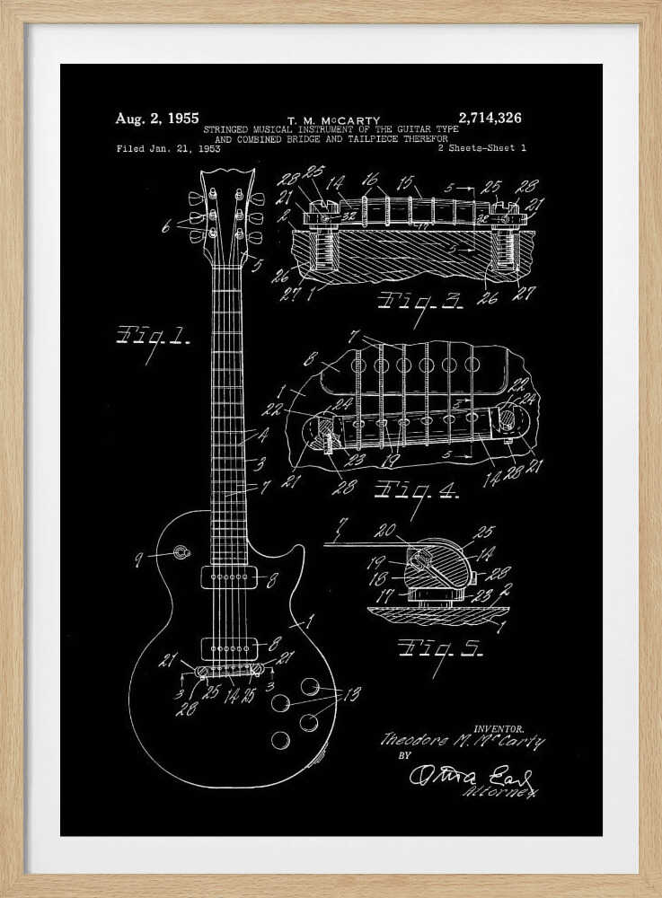 A framed vintage patent illustration of an electric guitar from 1955, depicted in a white-on-black blueprint style. The poster shows a full view of the guitar and detailed cross-sections of its bridge and tailpiece, complete with labels and reference numbers. Poster