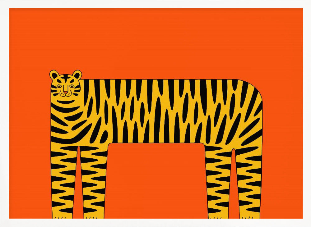 A stylized illustration of a tiger with a long, rectangular body and bold black stripes on a yellow coat, set against a solid, bright orange background and enclosed in a silver frame. Decor