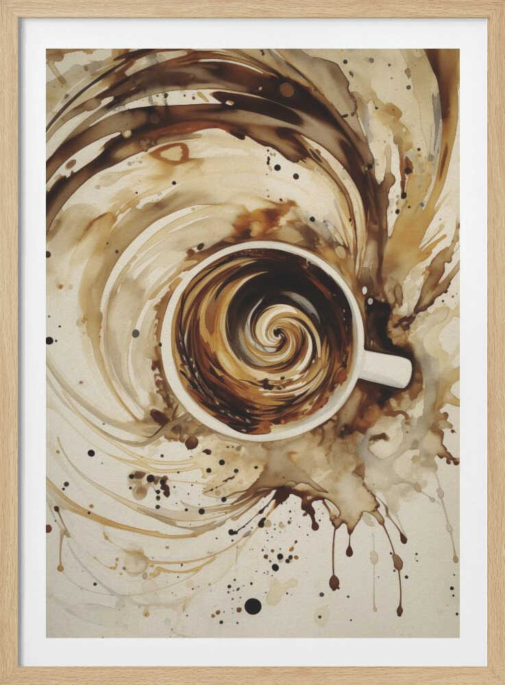 An abstract watercolor painting of a cup of coffee viewed from above. The coffee inside the white mug swirls in a mesmerizing spiral of brown and cream tones. This swirling motion explodes outwards from the cup, creating dynamic splashes and splatters of coffee-colored paint across the light beige background. The artwork is enclosed in a simple black frame. Print