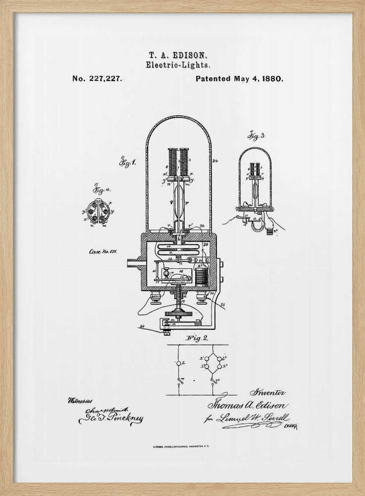 A framed black and white print of T. A. Edison's patent for electric lights, dated May 4, 1880. The document, patent number 227,227, displays detailed technical diagrams of the light bulb and its circuitry, complete with labels, signatures, and formal text. Wall Art