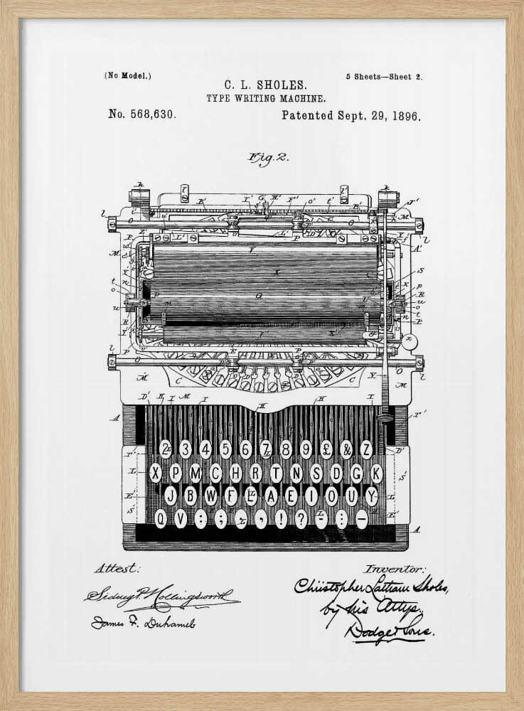 A framed black and white patent illustration of a C. L. Sholes typewriter, patented September 29, 1896. The detailed schematic shows the front view of the machine, including its complex inner workings and an unconventional keyboard layout, with signatures below. Print