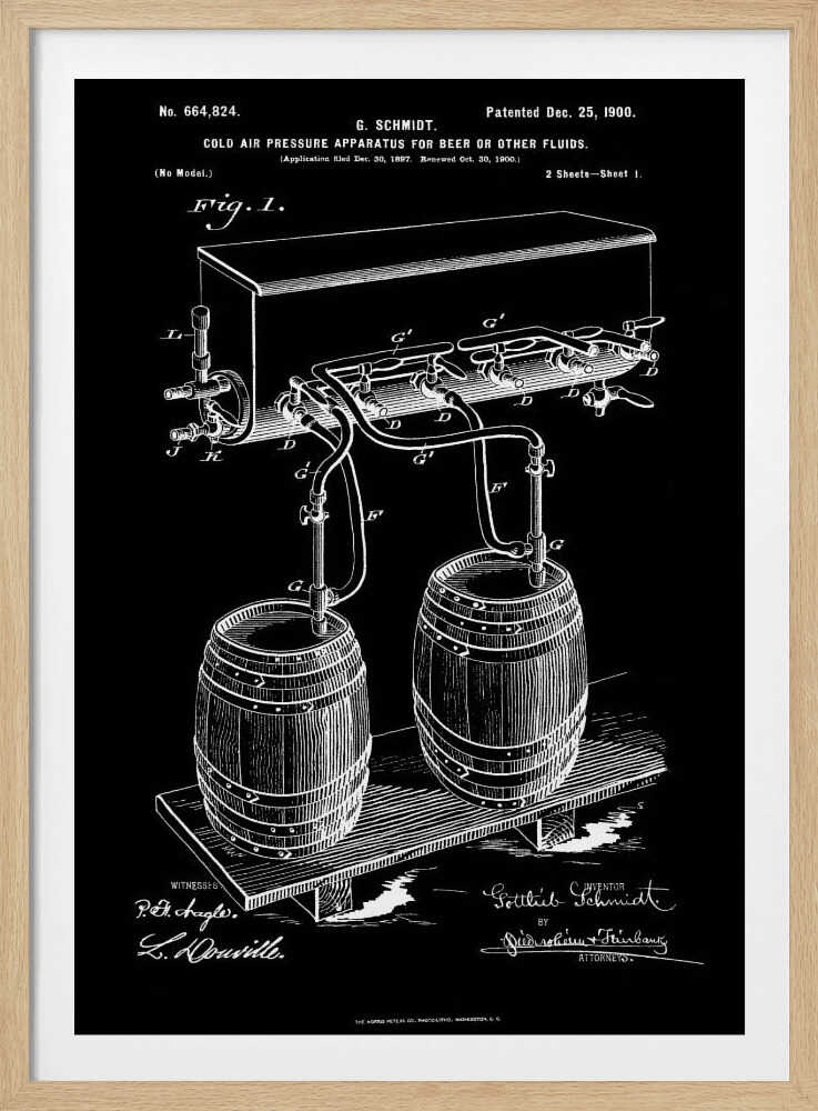 A vintage patent illustration from 1900 for a 'Cold Air Pressure Apparatus for Beer.' The technical drawing, in white lines on a black background, shows two wooden barrels connected by a system of pipes and taps to an overhead cooling unit. The print includes text, diagrams, and signatures, typical of an old blueprint. Wall Art