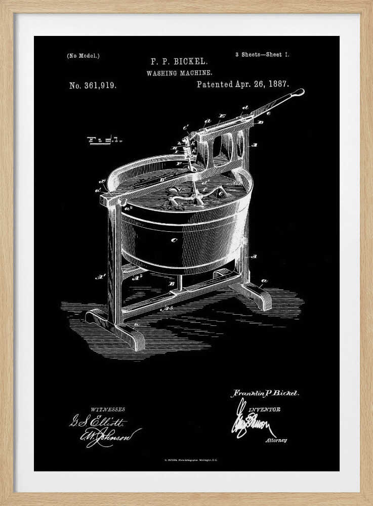 A framed, black and white patent illustration for a washing machine, invented by F. P. Bickel and patented on April 26, 1887. The technical drawing shows a tub on a stand with a hand-cranked agitator mechanism, rendered in white lines on a black background. Print