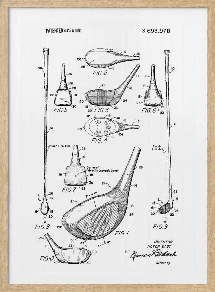 A framed black and white print of a 1972 patent for a golf club, showing detailed technical drawings and diagrams of the club head and shaft from multiple angles. Artwork