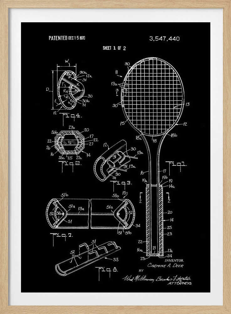 A framed patent illustration for a tennis racket, presented in a blueprint style with white lines and text on a black background. The poster displays various technical diagrams of the racket's components, including a full view and several cross-sections, with labels and patent information dated 1970. Poster