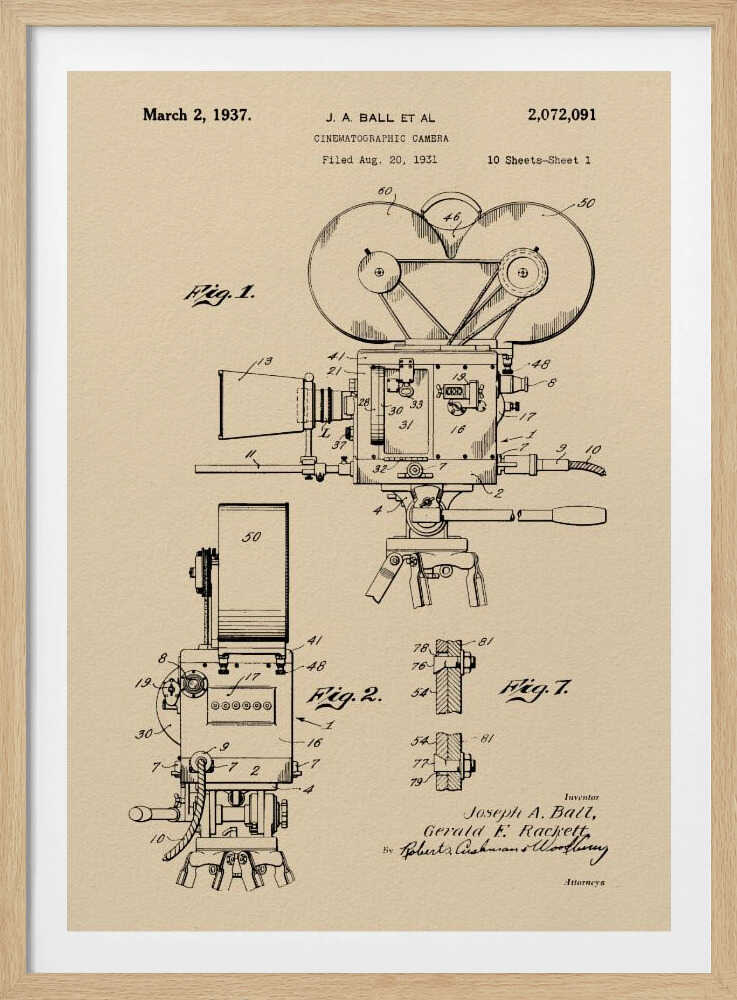 A framed print of a vintage patent diagram for a cinematographic camera, dated March 2, 1937. The technical drawing is in black ink on a beige background, showing multiple views and components of an old movie camera on a tripod. Artwork