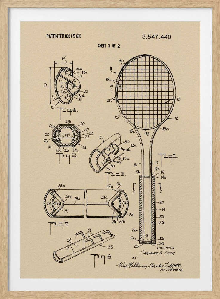 A framed vintage-style print of a tennis racket patent from December 15, 1970. The artwork shows detailed technical drawings and diagrams of the racket's construction on a beige background. Artwork