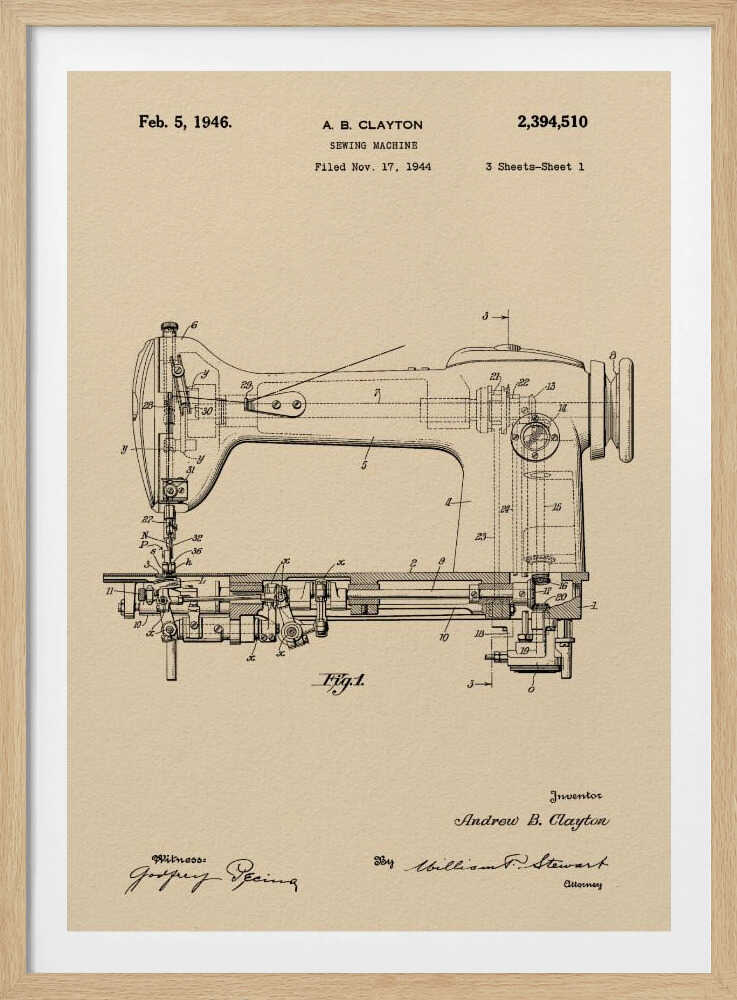 A framed vintage patent illustration for a sewing machine by A.B. Clayton, dated February 5, 1946. The detailed black line drawing is on a beige, parchment-style background and shows a side view of the machine with its internal mechanisms labeled with numbers. The entire piece is presented in a simple black frame. Artwork