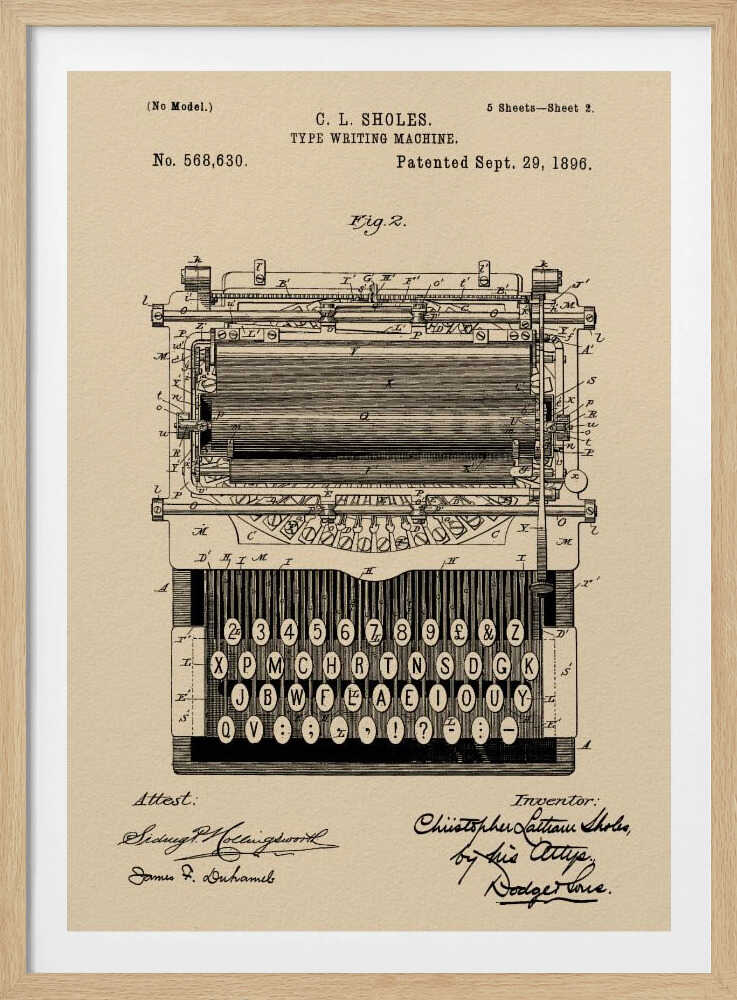 A framed vintage patent illustration for a C.L. Sholes typewriter, dated September 29, 1896. The detailed black ink drawing is on a beige background and shows a front view of the machine's complex mechanics and keyboard, with signatures of the inventor and attestants below. Print