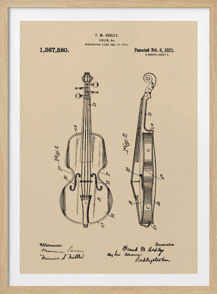 A framed vintage patent illustration for a violin, dated 1921. The drawing, on a beige parchment-style background, shows a front view and a side cross-section of the violin, with technical labels and signatures of the inventor and witnesses. Wall Art