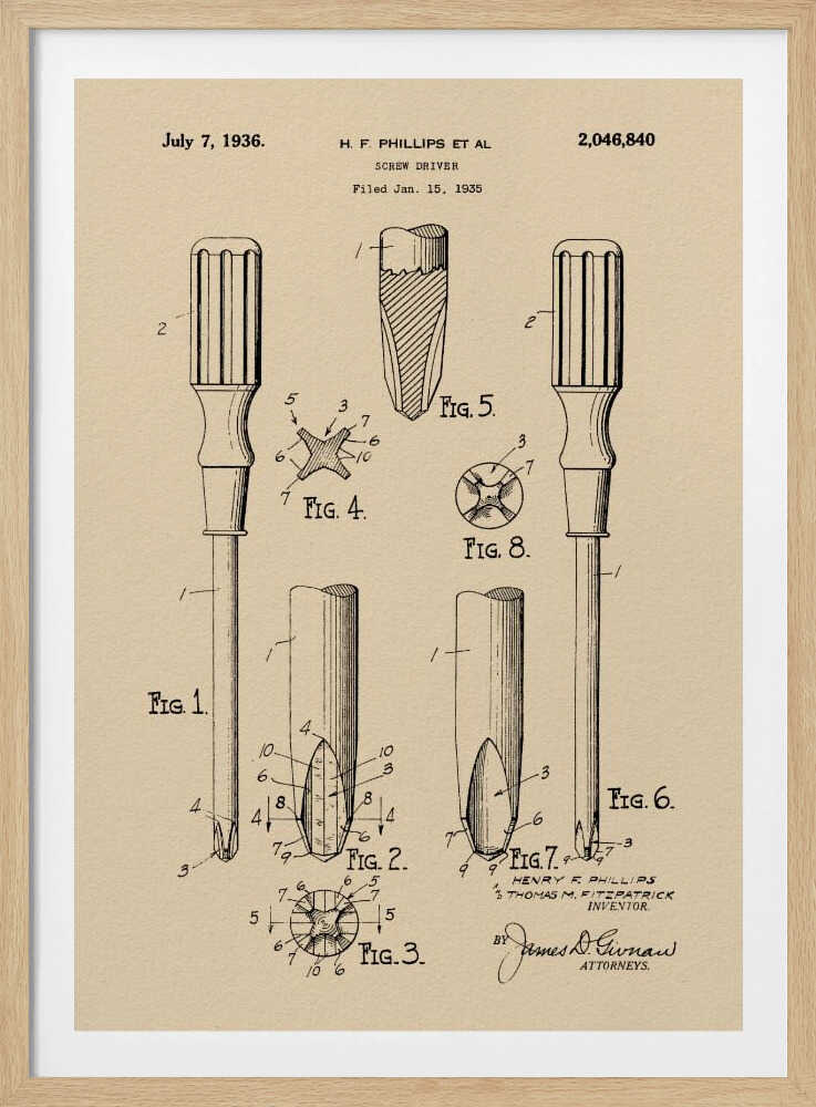A framed vintage patent illustration for an H.F. Phillips screwdriver, dated July 7, 1936. The technical drawing on beige paper displays multiple figures of the screwdriver and its cross-head tip, rendered in black ink. Print