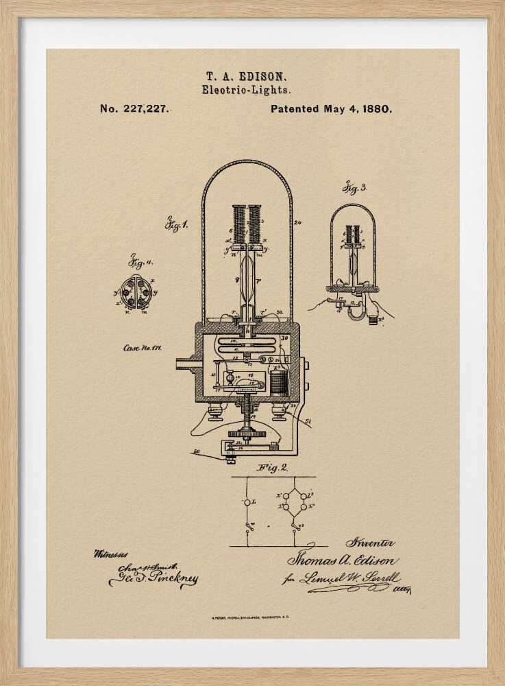 A framed vintage patent illustration for T. A. Edison's electric lights, dated May 4, 1880. The technical drawing, in black ink on a beige background, shows detailed diagrams of an early incandescent light bulb and its circuitry, complete with handwritten signatures. Wall Art