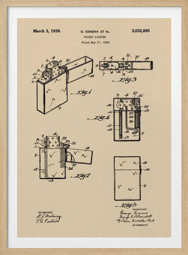 A framed vintage patent illustration for a pocket lighter, dated March 3, 1936. The print, on beige parchment-style paper, features several black-line technical drawings of the lighter's mechanism from different angles. It is presented in a simple black frame. Poster