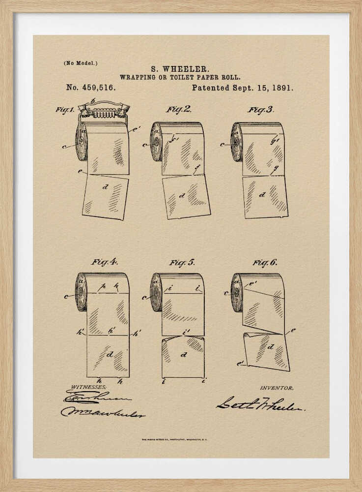 A framed vintage patent illustration from 1891 for S. Wheeler's 'Wrapping or Toilet Paper Roll'. The artwork displays six technical figures of the toilet paper roll on an aged paper background, complete with patent numbers, dates, and signatures. Decor