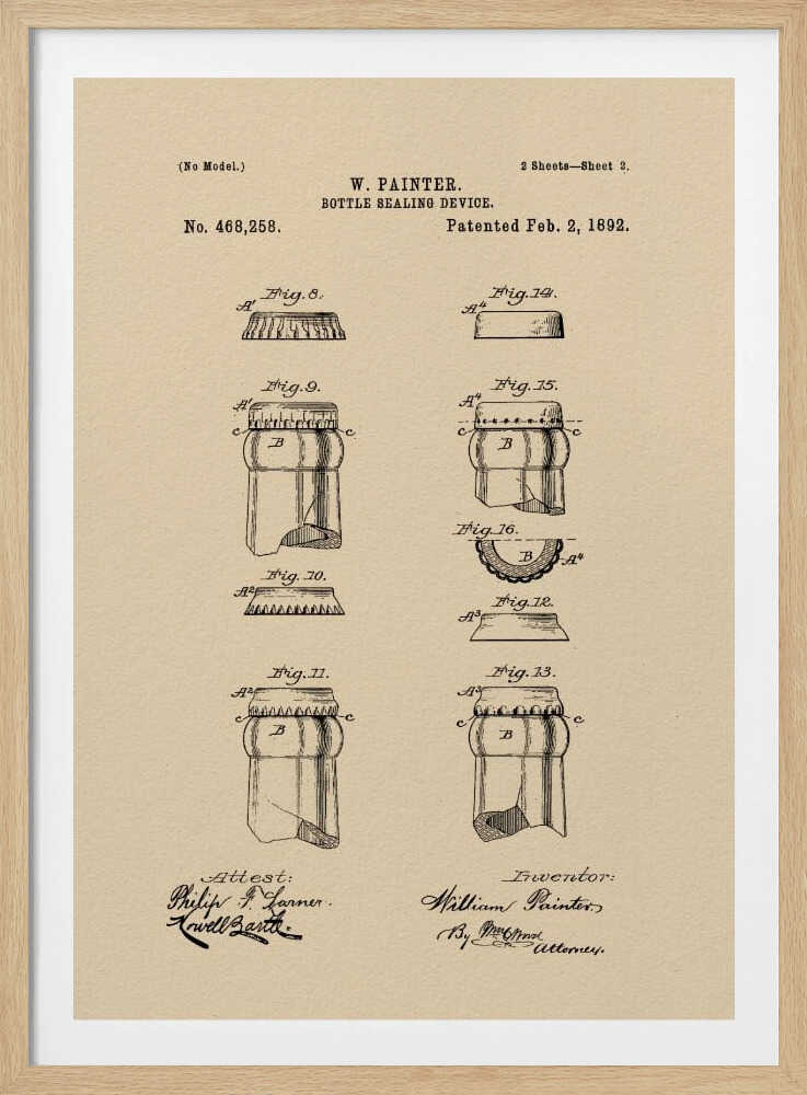 A framed vintage patent illustration for a 'Bottle Sealing Device' by W. Painter, dated 1892. The artwork, on aged beige paper, displays technical diagrams of the first bottle cap and bottle neck, complete with patent numbers, titles, and signatures. Wall Art