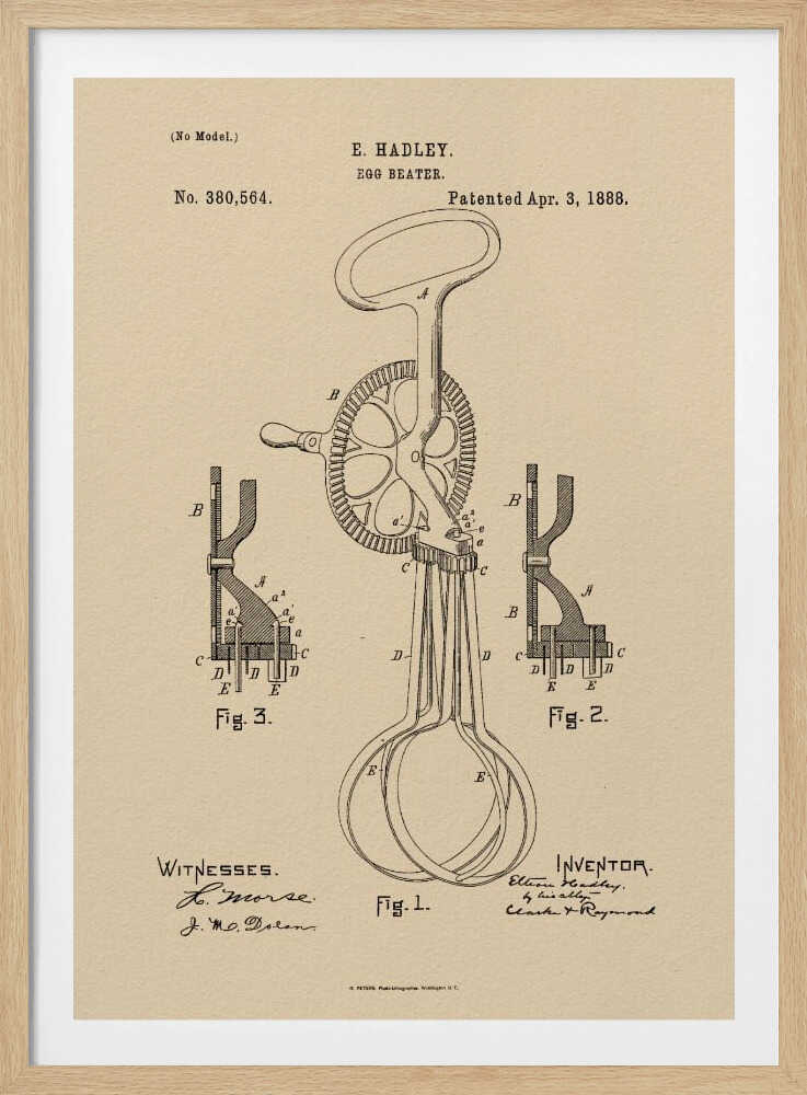 A framed vintage patent illustration for an E. Hadley egg beater, dated April 3, 1888. The technical drawing is in black ink on beige paper and shows multiple figures of the hand-cranked kitchen utensil. Poster