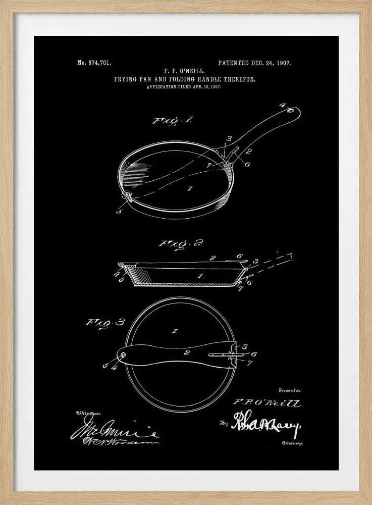 A framed vintage patent illustration from 1907 for a frying pan with a folding handle, presented as a white-on-black blueprint-style drawing. It features three detailed diagrams of the pan from different angles, along with technical text and signatures. Artwork