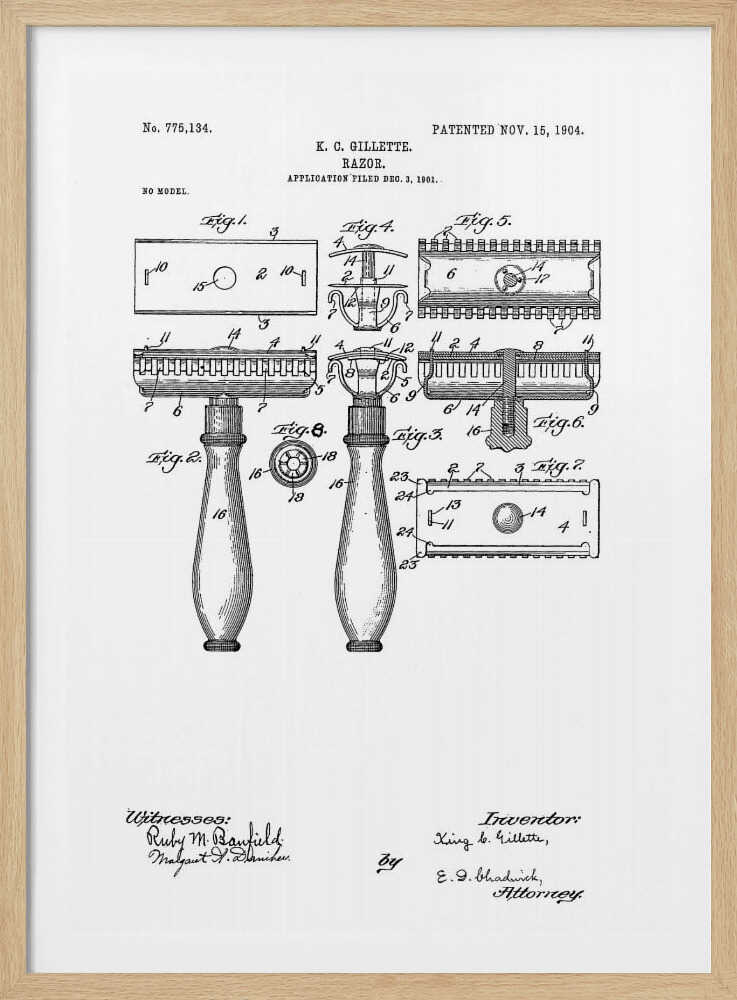 A framed black and white patent illustration for K. C. Gillette's razor, patented November 15, 1904. The drawing displays various figures and diagrams detailing the components of the safety razor, including the handle, head, and blade, with technical labels and signatures. Wall Art