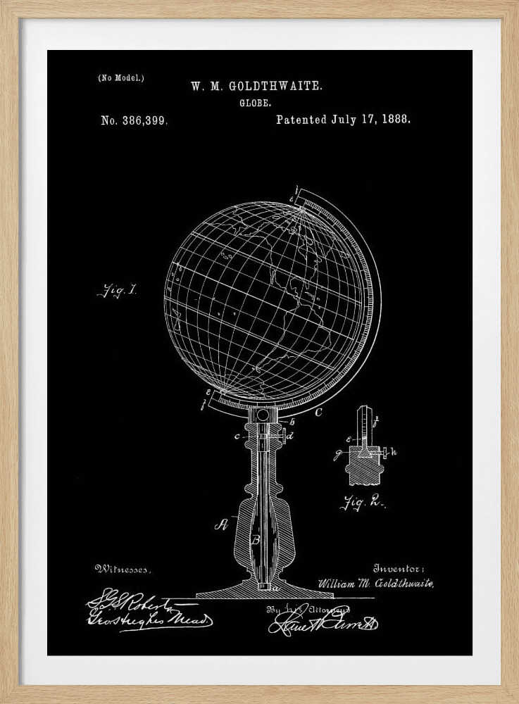 A vintage patent illustration for a globe by W. M. Goldthwaite, dated July 17, 1888. The design, shown in white lines on a black background, features a detailed technical drawing of the globe on its stand, complete with diagrams, labels, and signatures. Decor