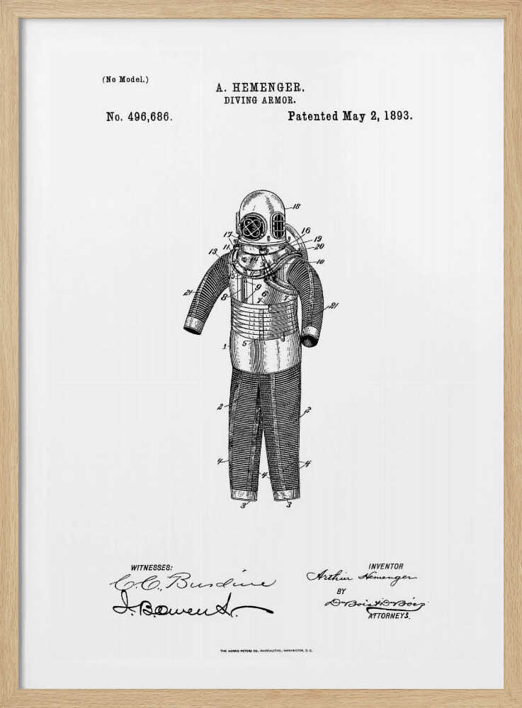 A framed black and white patent illustration for A. Hemenger's 'Diving Armor,' dated May 2, 1893, showing a detailed technical drawing of a vintage deep-sea diving suit. Artwork
