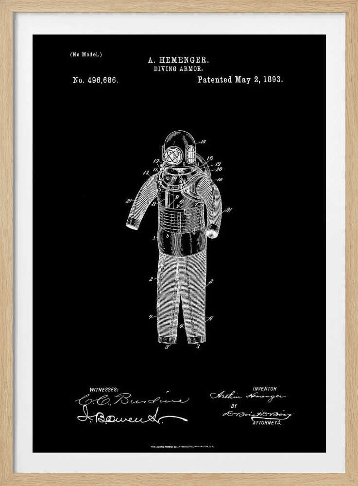 A framed vintage patent illustration for 'DIVING ARMOR' by A. Hemenger, patented May 2, 1893. The image shows a white line drawing of an antique diving suit on a solid black background, complete with technical numbers, inventor's name, and signatures. Artwork