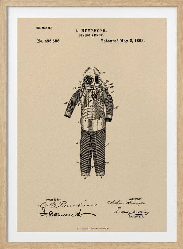 A framed vintage patent illustration for 'DIVING ARMOR' by A. Hemenger, dated May 2, 1893. The detailed black ink drawing of an old-fashioned diving suit is centered on beige, parchment-style paper, with official text and signatures below. Print