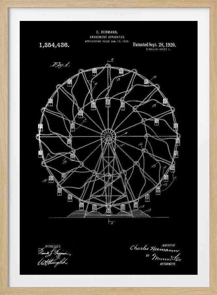 A framed patent illustration of a Ferris wheel from 1920, presented in a blueprint style with white lines and text on a black background. The technical drawing details the structure of the amusement apparatus and includes the inventor's name, patent number, and date. Decor