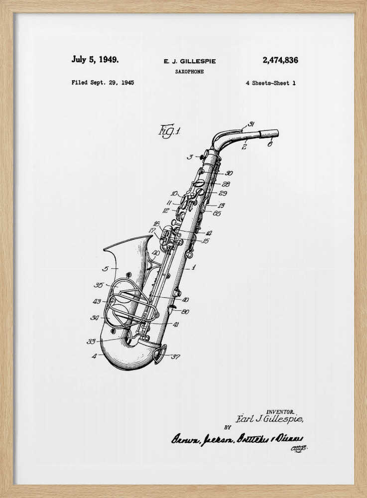 A framed black and white patent illustration for a saxophone, invented by E. J. Gillespie. The drawing, dated July 5, 1949, shows a detailed diagram of the instrument with numbered parts, set against a white background. Wall Art