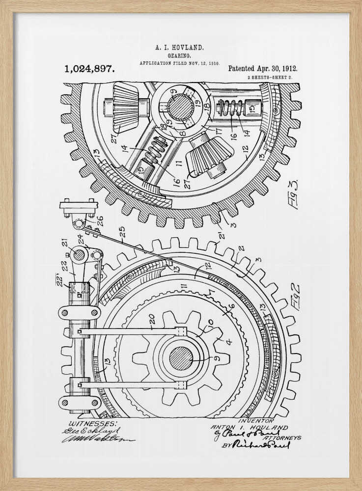A framed black and white patent illustration for a 'Gearing' mechanism by A. I. Hovland, dated 1912. The detailed technical drawing shows two large interlocking gears with their internal components, labeled with numbers and accompanied by official text and signatures. Print