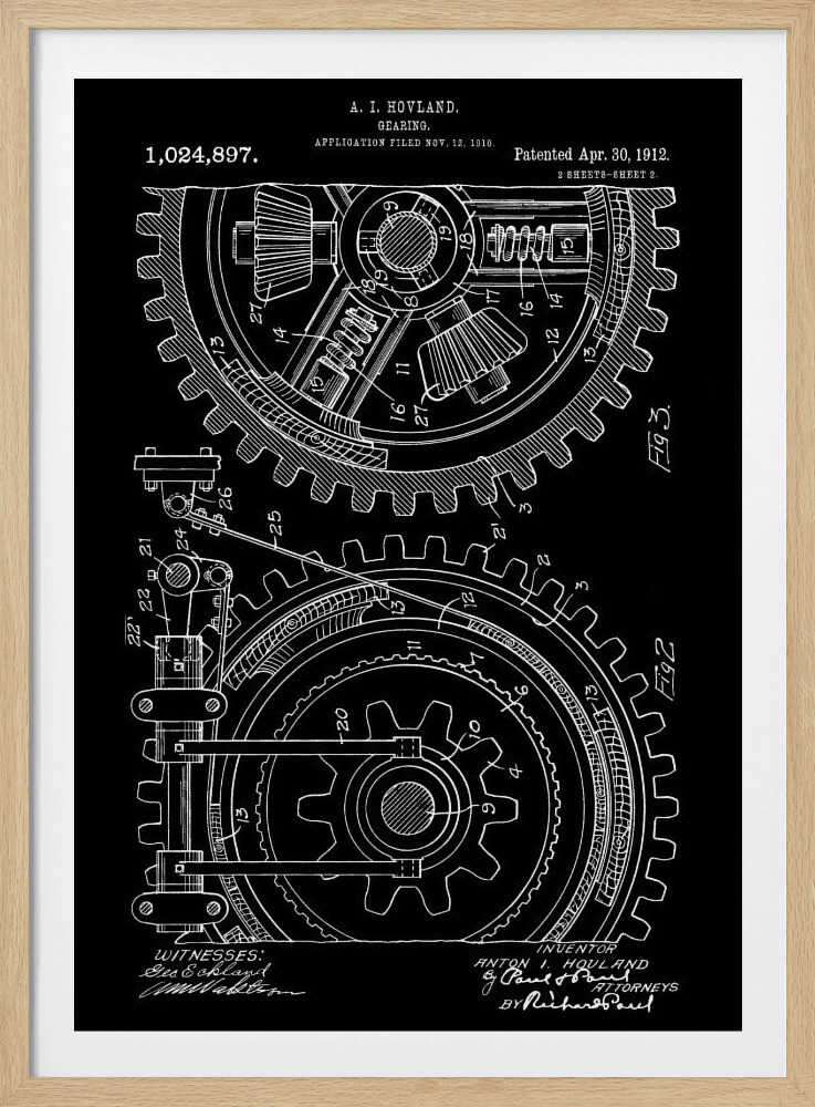 A vintage patent diagram from 1912 for a gearing mechanism, displayed as a white line drawing on a black background. The technical illustration shows two large interlocking gears in cross-section, with detailed components and numbered parts. Text at the top identifies the inventor, patent number, and dates. Decor