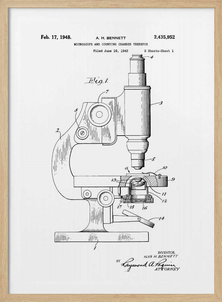 A framed patent illustration for a microscope, dated February 17, 1948. The black and white technical drawing shows a side view of the microscope with its various parts labeled with numbers. Text at the top provides patent details, and signatures are at the bottom. Wall Art