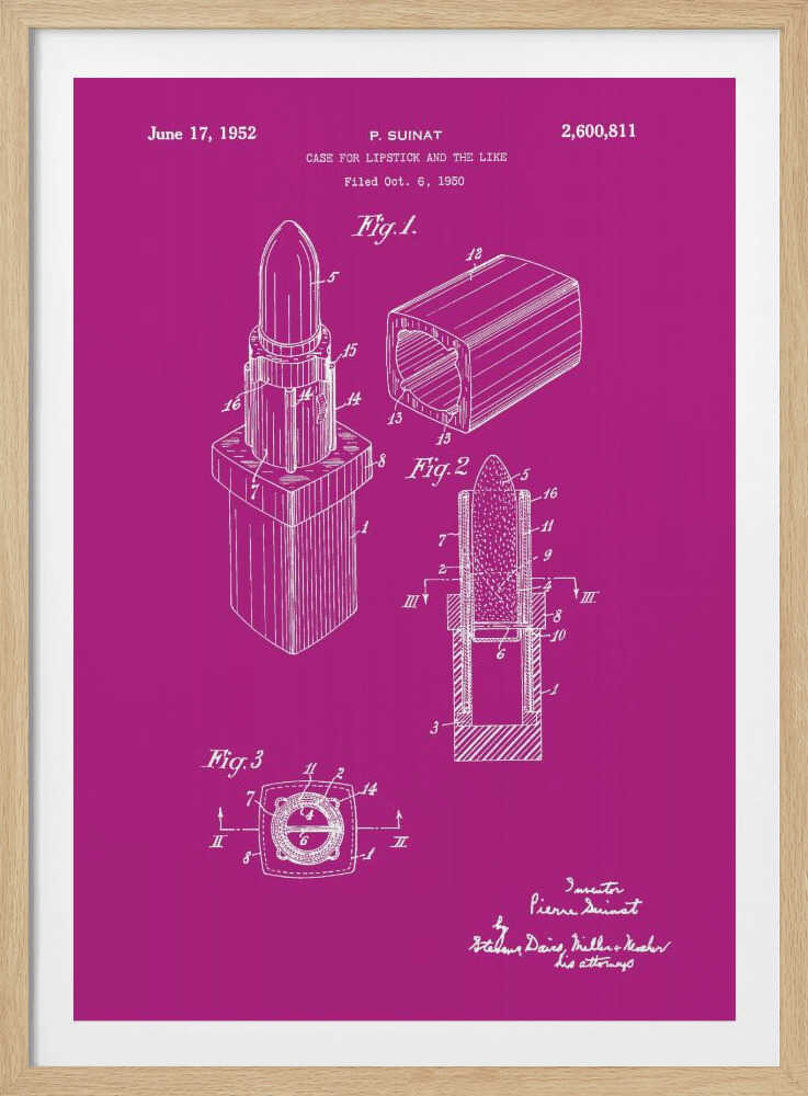 A framed patent illustration for a lipstick case from 1952, depicted in white line art on a vibrant magenta background. The poster shows multiple figures of the lipstick mechanism, including an isometric view, a cross-section, and a top-down view, all within a black frame. Poster