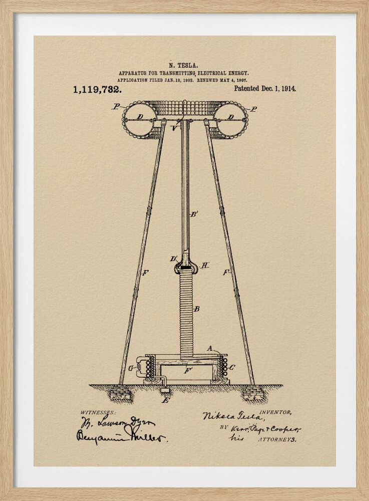 A framed vintage patent print of Nikola Tesla's 'Apparatus for Transmitting Electrical Energy,' dated 1914. The illustration shows a detailed technical drawing of a large tower-like structure on a beige parchment-style background, complete with patent number, dates, and signatures. Print