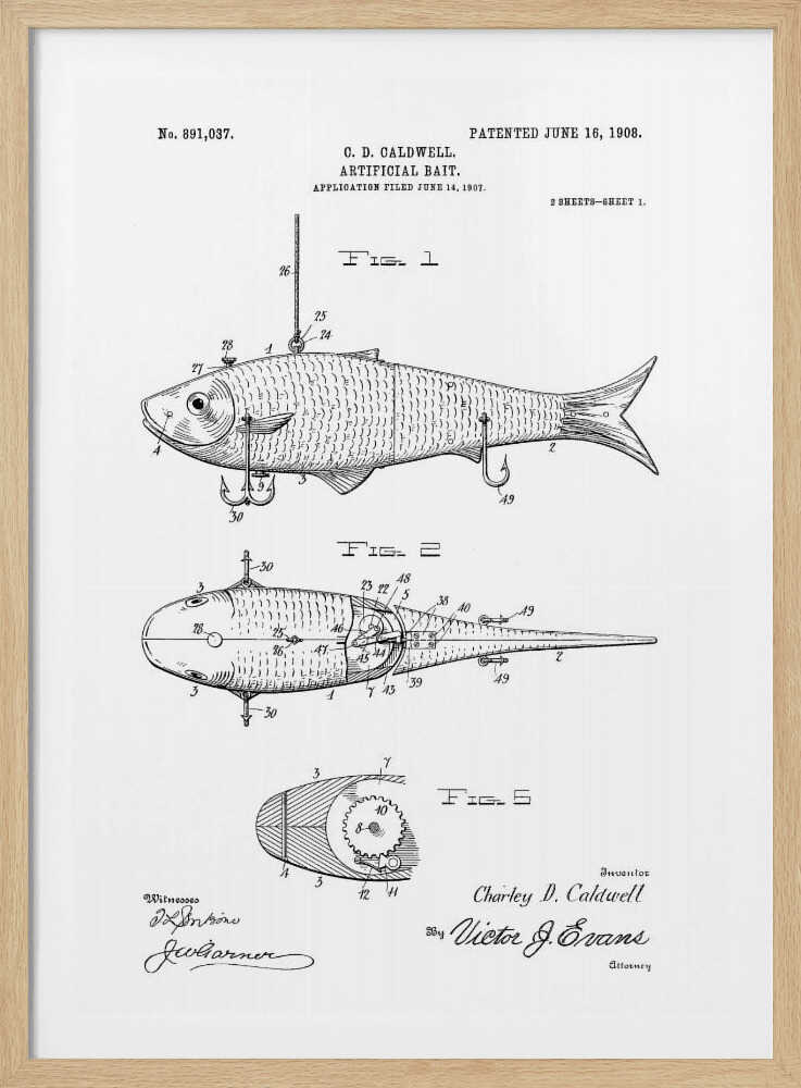 A framed black and white patent illustration for an 'Artificial Bait' by C.D. Caldwell, dated June 16, 1908. The drawing displays multiple figures of a fish-shaped lure, including side, top, and cross-section views with detailed mechanical parts and labels. Artwork