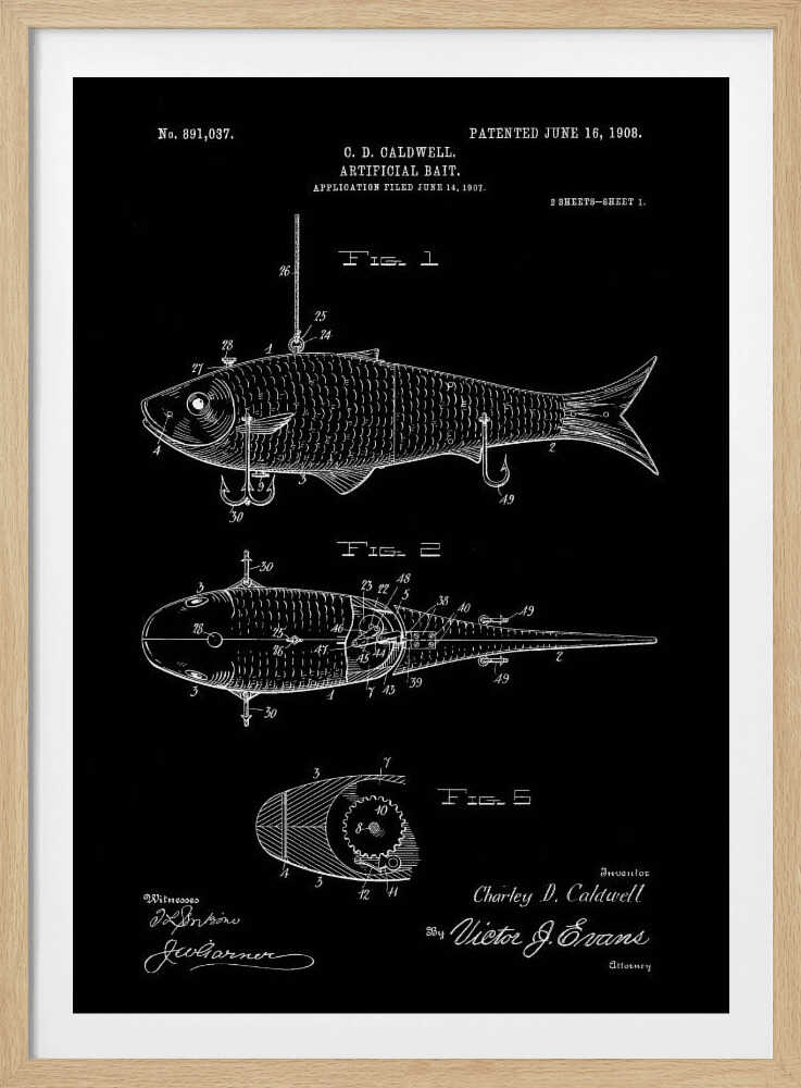 A vintage patent illustration for an 'Artificial Bait' by C.D. Caldwell, patented June 16, 1908. The artwork is a black and white blueprint-style drawing on a black background, showing multiple figures of a mechanical fishing lure with hooks. Wall Art