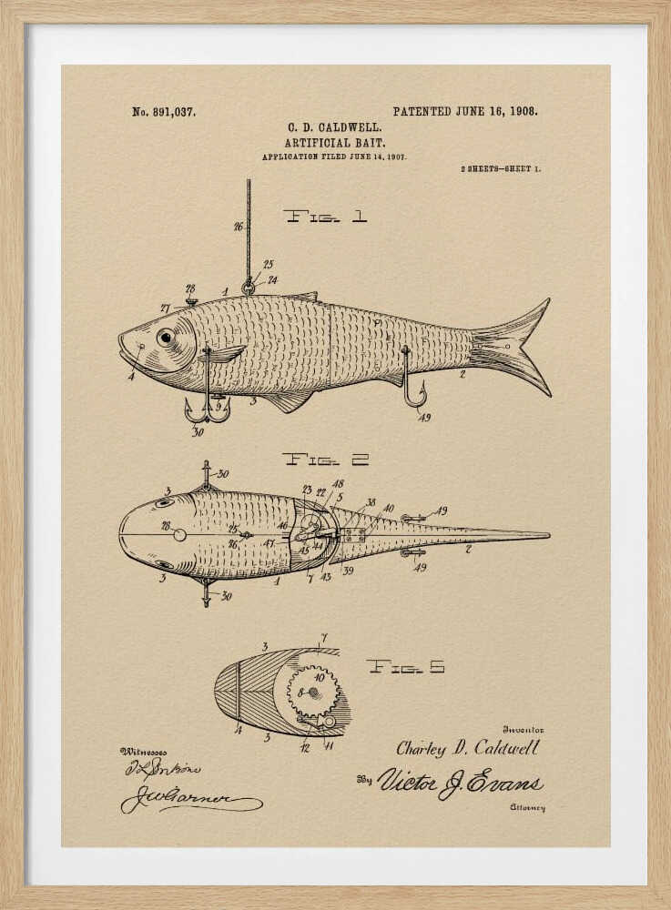 A framed vintage patent illustration for an artificial fishing bait, dated 1908. The technical drawing on beige paper shows multiple views of a fish-shaped lure, including its internal mechanics and hooks, complete with inventor and witness signatures. Decor