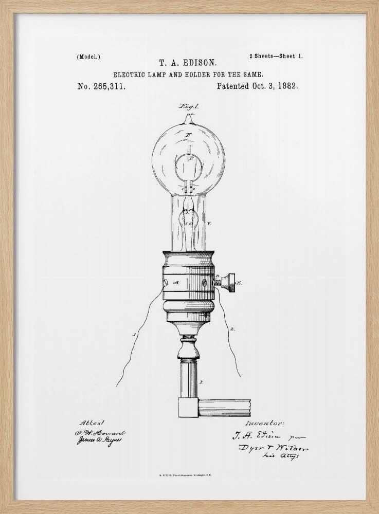 A framed black and white patent illustration for T. A. Edison's electric lamp and holder, dated October 3, 1882. The detailed diagram shows an early incandescent light bulb in its socket with wiring. Decor
