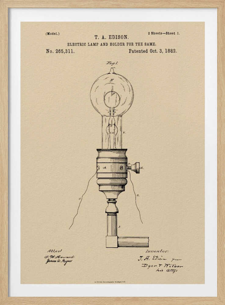 A framed vintage patent illustration for T.A. Edison's Electric Lamp and Holder, dated October 3, 1882. The detailed black line drawing on aged, beige paper shows a light bulb screwed into a holder with wires extending from it. Decor